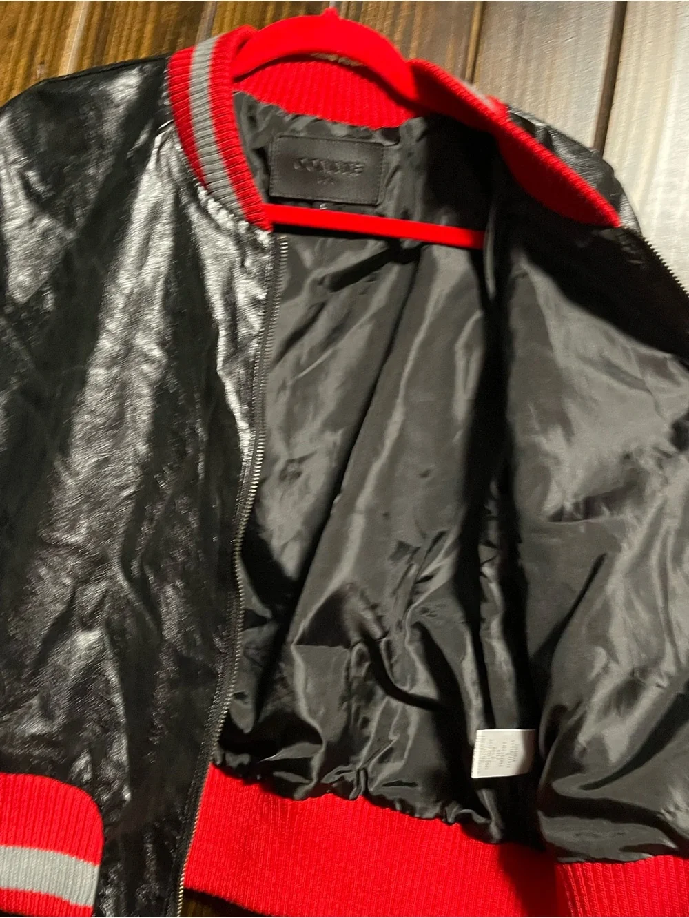 Kids Black Faux Leather Bomber Jacket with Red & Gray Trim